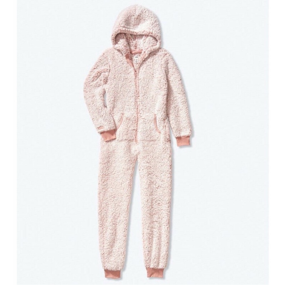 VS Pink Cozy Hooded Sherpa One Piece Pajamas Light Blush Pink Full Zip Cozy Sz L
